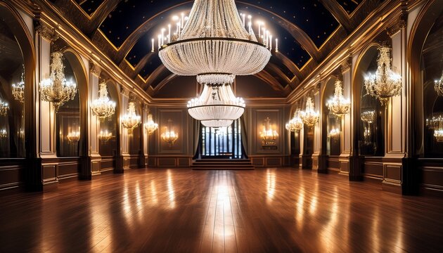 elegant ballroom with crystal chandeliers and wooden floor at night
