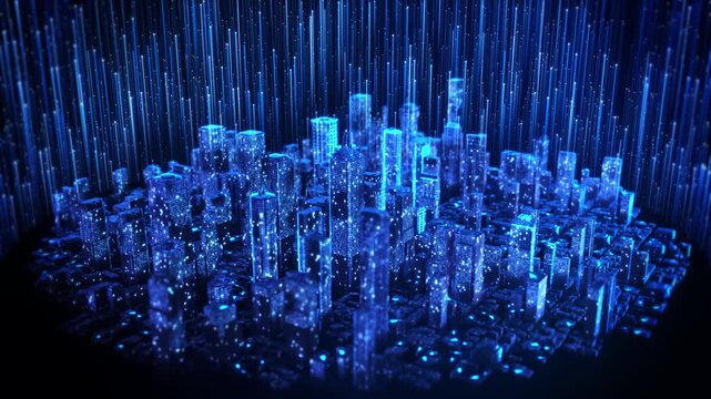 Digital city model b falling light signals buildings. Strong for real-time analytics, edge computing, smart infrastructure, urban planning, connected devices, telemetry and future city systems.