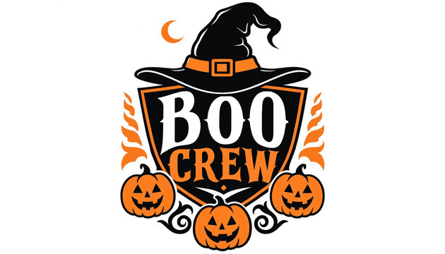 Boo crew halloween badge with witch hat and jack o lantern pumpkins halloween illustration celebration crescent ornament typography lettering