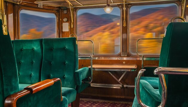 Vintage train car interior showing soft velvet seats and scenic window views of the passing countryside