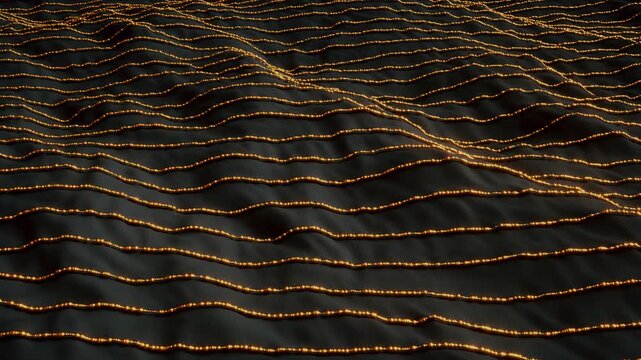 Looped golden line waves flowing over a dark abstract landscape. Elegant motion background for luxury, technology, and premium digital design. 3D render motion.