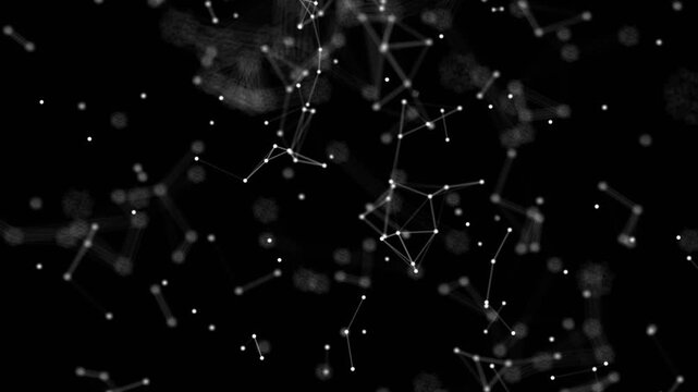 White plexus network connectivity nodes and lines on black background digital representation showing glowing and connecting moving