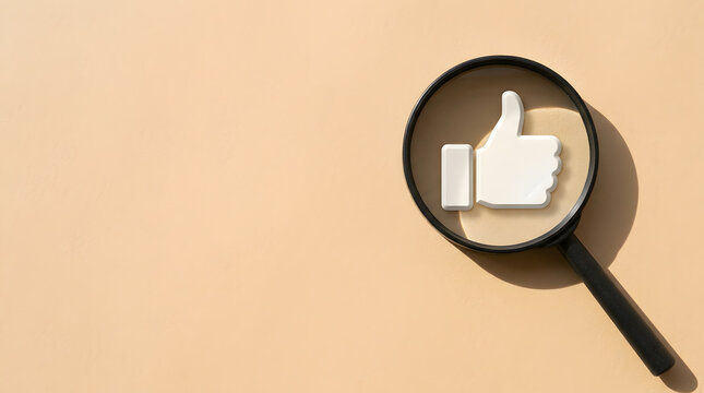 searching for positive customer feedback and ratings | magnifying glass over social media like icon | high quality rating and customer satisfaction concept | online reputation management and social pr
