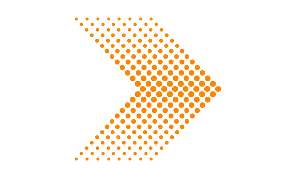 Orange dotted arrow pointing rightward as directional symbol or progress indicator made of many small circles on a clean white background representing movement forward advancement design concepts.