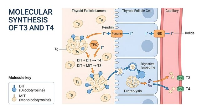 Detailed Diagram of Thyroid Hormone Synthesis and Molecular Structure Process.