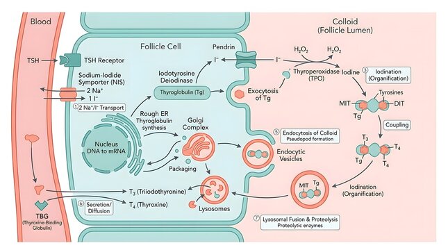 Medical diagram explaining thyroid hormone synthesis and secretion process in follicle cells.