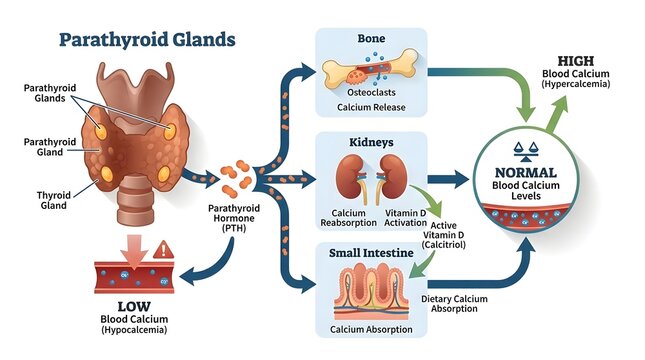 Medical illustration of parathyroid glands function and calcium homeostasis regulation process in human body.