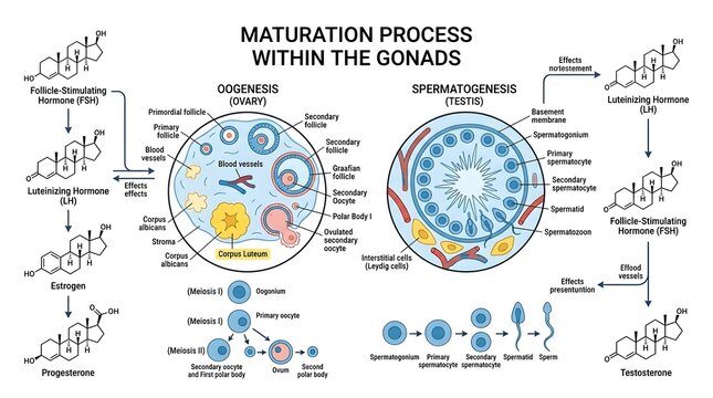Detailed scientific diagram illustrating the maturation process within gonads oogenesis and spermatogenesis.
