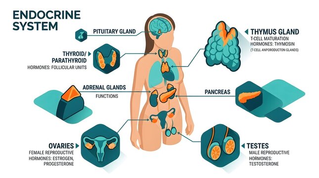 Detailed diagram illustrating human endocrine system glands and hormone functions in vector format.