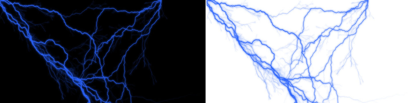 Abstract blue lightning bolt discharge pattern on black and transparent background
