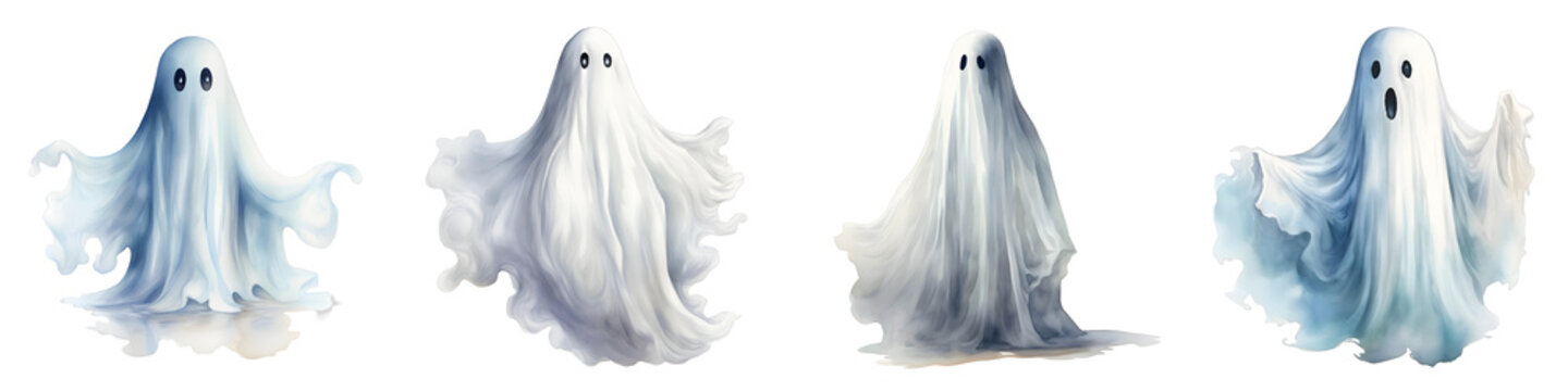 Group of transparent watercolor ghosts on a black background perfect for halloween