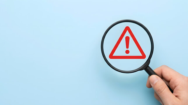 Risk assessment and hazard identification concept | Magnifying glass searching for danger signs | Security audit and vulnerability detection | Warning alert symbol under inspection
