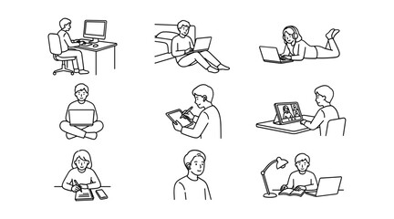 Remote E-Learning and Freelance Remote Work Character Icon Set with People Studying, Drawing on Tablet, and Attending Video Conferences for Education Designs