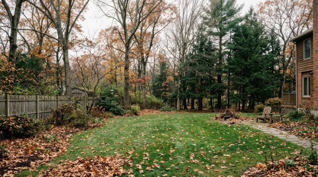 Spacious backyard in autumn with green lawn covered in fallen leaves, surrounded by trees and a wooden fence.