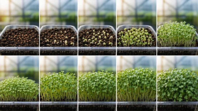 Microgreen seedlings developing from seeds to a lush mature tray. Sequential plant growth stages for gardening, agriculture, nutrition, sustainability, and time lapse concept.