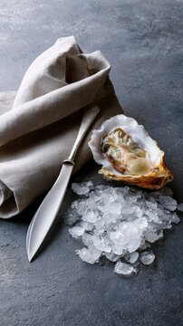 Vertical close up single opened oyster on crushed ice with folded towel and oyster knife for menu layout and food background