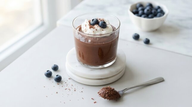 Decadent chocolate mousse with fresh blueberries a rich dessert food presentation for culinary inspiration