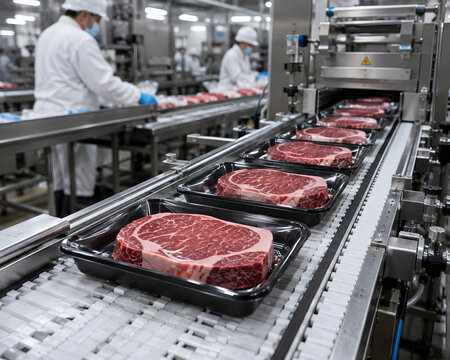 Fresh beef steak trays on conveyor belt line in meat packing facility