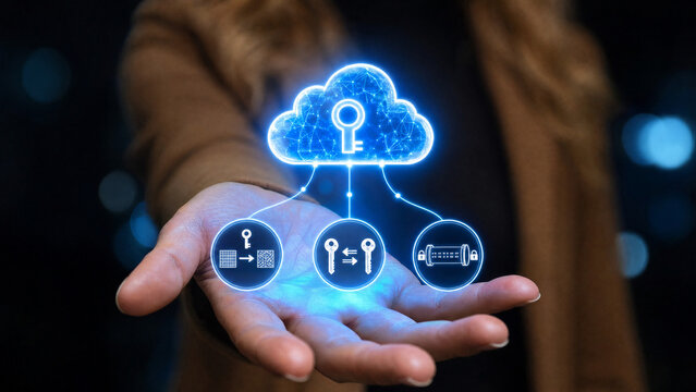 Cloud computing concept with a hand holding a glowing cloud icon with a key inside. Connected to the cloud are three smaller icons representing data security and storage