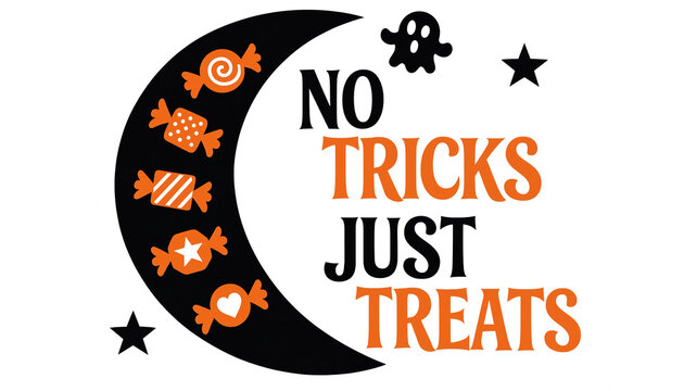 Halloween candy vector illustration featuring crescent moon filled with sweets ghost stars text reading no tricks just treats halloween illustration celebration greeting template seasonal
