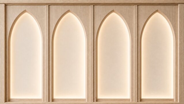 Light wood wall paneling with frosted glass arch inlays, 3D wallpaper sticker or wall sticker with pointed arches