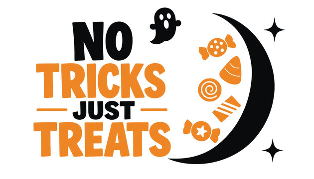 Halloween themed graphic layout showing candy on a crescent moon ghost stars bold text saying no tricks just treats with halloween illustration celebration greeting template seasonal