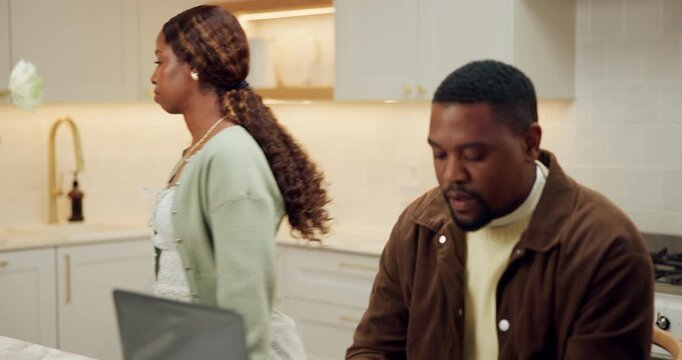 Laptop, argue and debt with black couple in kitchen for bankruptcy email, final notice or divorce. Late payment, online debit fail and separation with man and woman in home for budget crisis