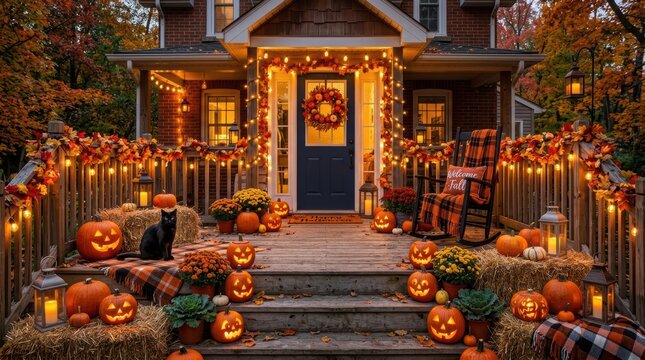 Cozy autumn porch decorated for halloween with carved jackolanterns, glowing string lights, hay bales, and a black cat on a rustic wooden deck