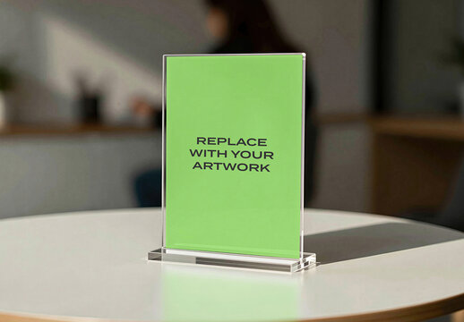 Vertical acrylic sign holder mockup with placeholder card on a white table in an office interior, realistic presentation of signage for branding, advertising, or informational display