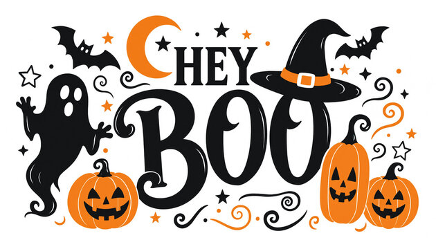 Hey boo halloween lettering composition featuring spooky ghost jack o lanterns and witch hat halloween lettering illustration seasonal celebration silhouette mysterious invitation
