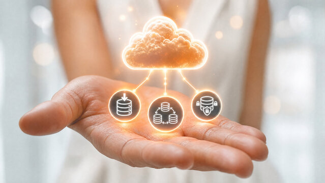 A hand holding a glowing cloud with three connected icons representing data storage, network, and security