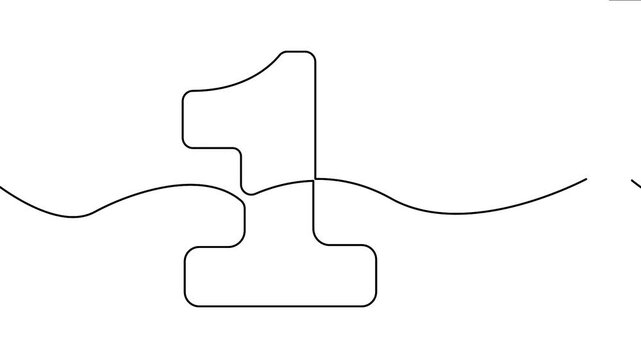 Black continuous line art drawing animation of number 1 on white background loop - looping footage