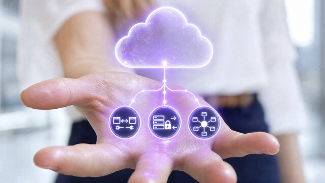 A hand holding a digital cloud symbol with interconnected icons representing data, security, and networking, symbolizing cloud computing and digital services
