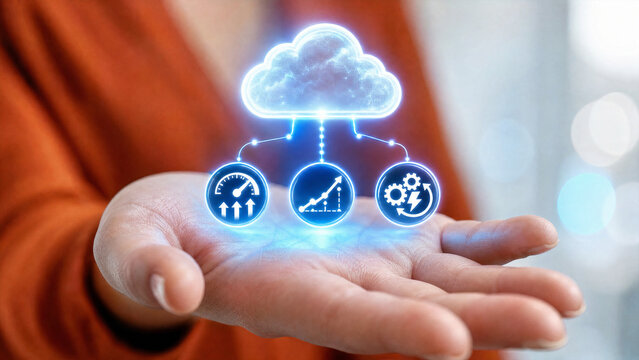 A person's hand holding a holographic display of a cloud connected to three icons representing performance, growth, and efficiency, signifying cloud computing services