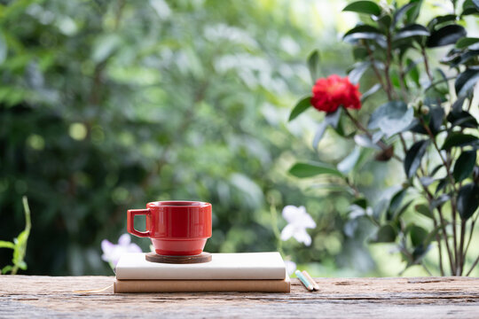 Red cup o stack of notebook with red flower background