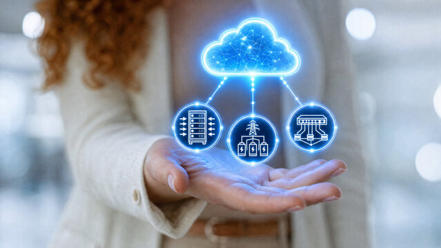 Cloud computing concept visualized with a person holding glowing icons of servers and a cloud