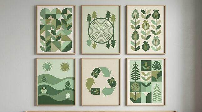 Eye level studio shot of a collection of eco friendly awareness posters designed with a retro modern modular style showcasing minimalist geometric patterns and abstract natural foliage shapes in