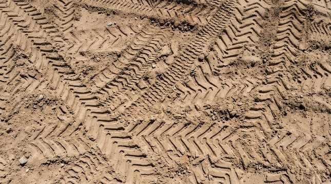 High angle full frame shot of a dry sandy ground surface deeply imprinted with heavy machinery tire tracks and industrial vehicle tread marks suitable for construction and engineering concepts