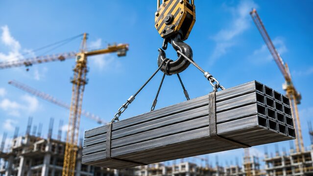 Heavy crane hook carrying steel sections at a construction site with blurred background, representing structural materials, engineering, infrastructure, heavy lifting and building development.