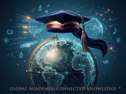 Global Academia and Connected Knowledge Concept Illustration Featuring a Graduation Cap Resting on a Glowing Digital World Globe with Floating Science and Mathematical Formulas on a Dark Blue Backgrou