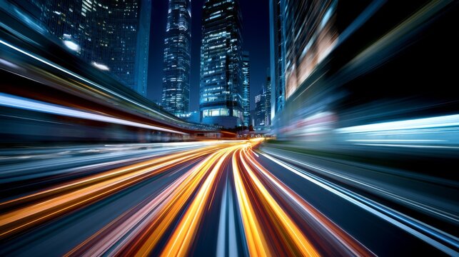 Dynamic Night Cityscape with Blurred Lights from Fast-Moving Traffic in Urban Environment Highlighting Motion and Energy
