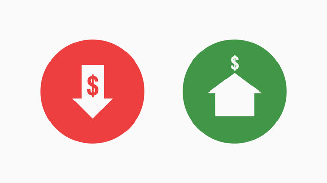 Two flat icons depict financial decline and home value increase with dollar signs and arrows decrease downward arrow