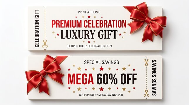 Luxury gift voucher and discount coupon with red silk bows on white background