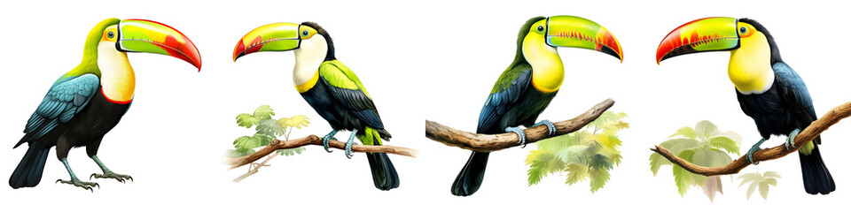 Fototapeta premium Illustration of toucans with branches and light green foliage against a black backdrop
