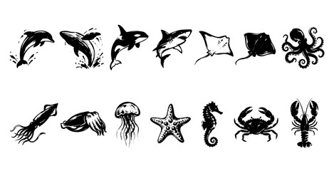 Fototapeta premium Black and white marine animals and sea creatures for ocean life themed graphic design elements.