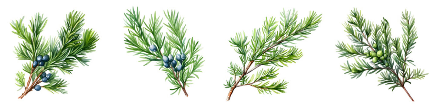 Watercolor illustration of juniper branches with green needles and blue and green berries on black