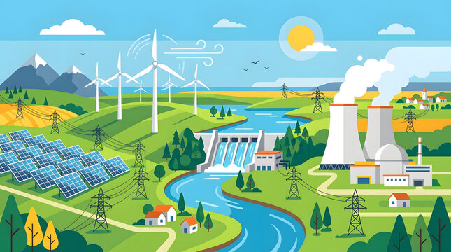 Flat vector illustration of nuclear, wind, hydroelectric, and solar energy concept background