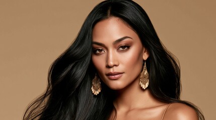 Naklejka premium Elegant woman with long flowing hair and golden earrings against a soft brown background showcasing beauty and confidence in a glamorous portrait style.