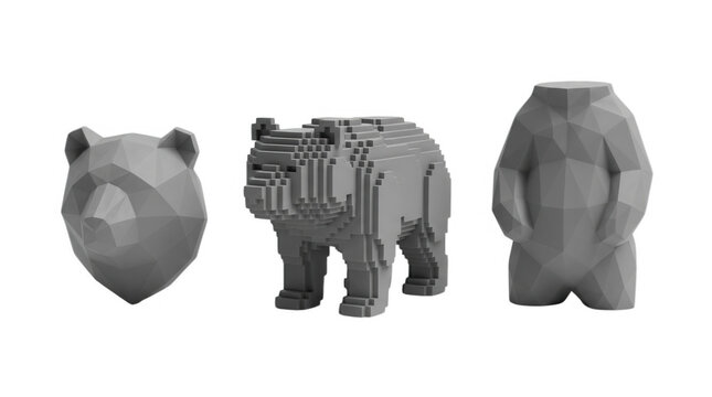 Abstract geometric bear figurines in various poses with transparent background for creative projects