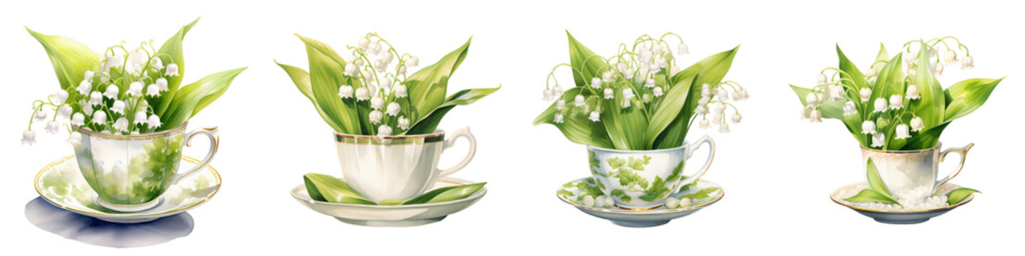 Lily of the valley arrangements presented in assorted vintage tea cups against black background